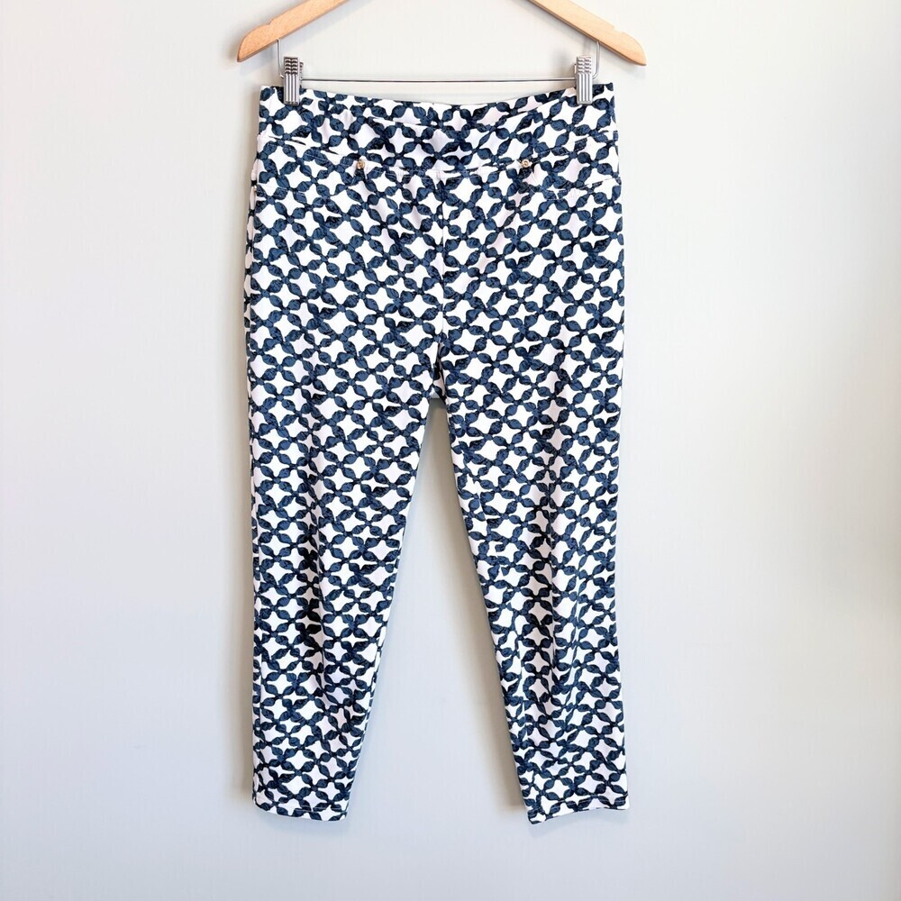 Joseph Ribkoff Trouser Ankle Straight Geometric Print Teacher White Blue Size 10
